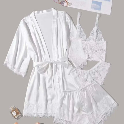 Set loungewear di lusso in pizzo da 4 pezzi - Canotta + pantaloncini/pantaloni + vestaglia kimono |   Collezione di indumenti da notte sexy da donna