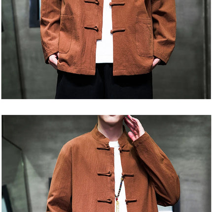 Camicie da uomo stile cinese retrò lino cotone tinta unita vestito Tang top cardigan uomo casual Kung Fu Tai Chi camicette da uomo abbigliamento
