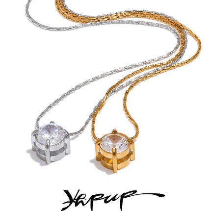 Yhpup Korean Chic Stainless Steel Shiny Cubic Zirconia Cast Delicate Necklace Pendant for Women Daily Waterproof Basic Jewelry PlatiNum