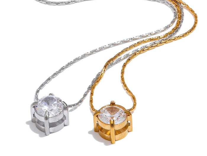 Yhpup Korean Chic Stainless Steel Shiny Cubic Zirconia Cast Delicate Necklace Pendant for Women Daily Waterproof Basic Jewelry PlatiNum
