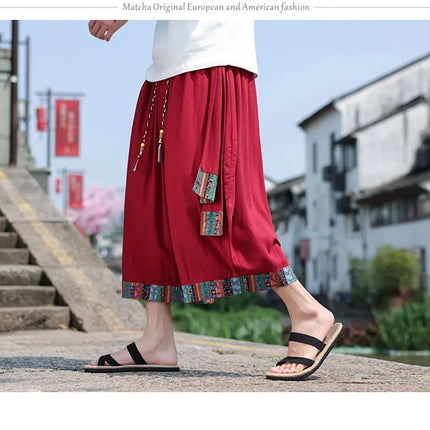 Pantaloncini kimono giapponese Costume da samurai in lino da uomo Ukiyo-e Cintura con stampa Pantaloni a gamba larga Retro Haori Pantaloni casual larghi Harajuku da uomo