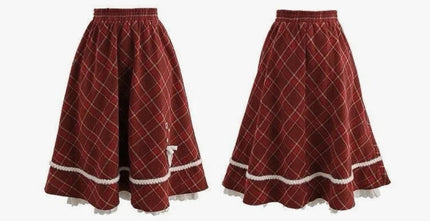 Sweet Red Plaid Long Skirt Women Vintage Faux Woolen Bow Cute Skirts Lace Patchwork High Waist Korean Elegant Warm Long Skirts PlatiNum