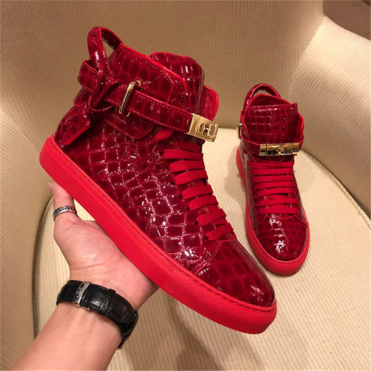 Men Red Crocodile Pattern High Top Sneakers Glossy Patent Leather Metal Buckle Lace-up Casual Shoes Streetwear Male Footwear