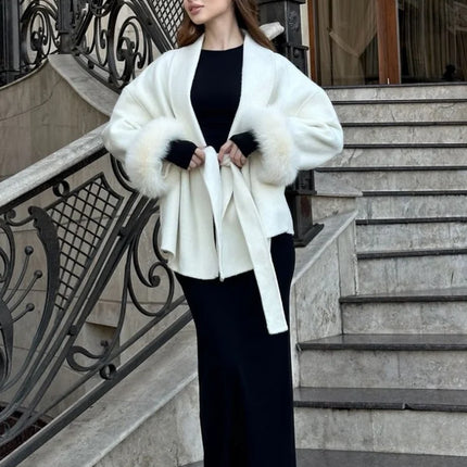 Women Grey Fur Splicing Woolen Coat Casual Belt Full Sleeve Lapel Loose Cardigan Outwear 2025 Lady Winter New Highstreet Jacket