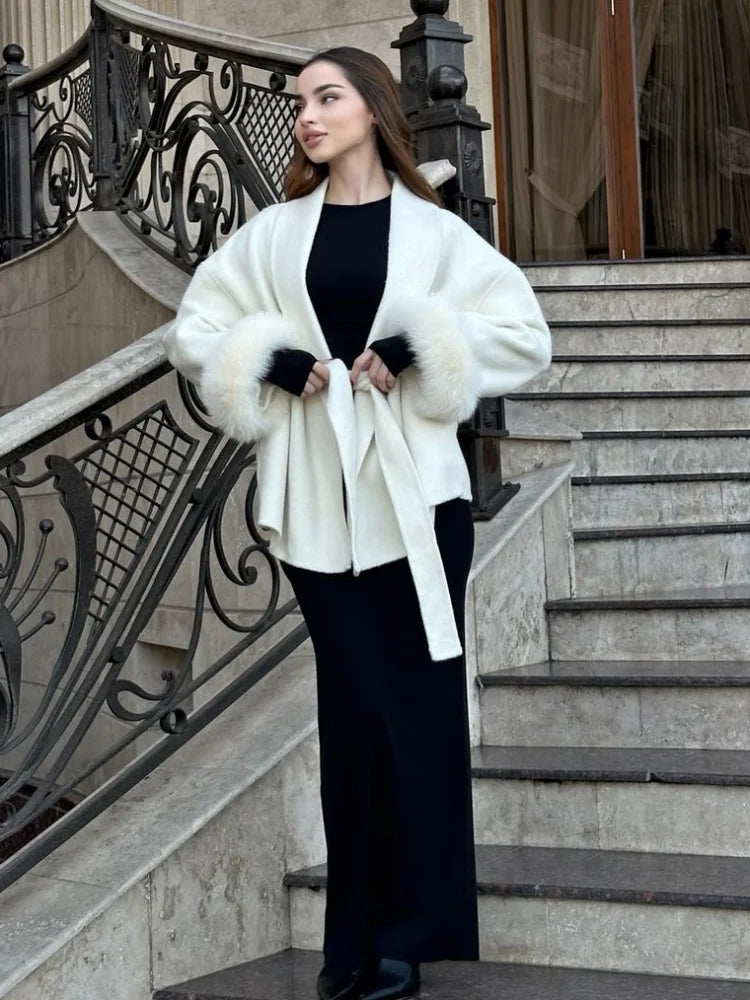 Women Grey Fur Splicing Woolen Coat Casual Belt Full Sleeve Lapel Loose Cardigan Outwear 2025 Lady Winter New Highstreet Jacket