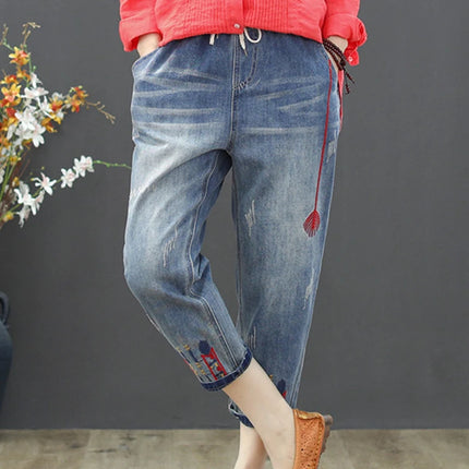 AmaxluluE Jeans larghi strappati da donna alla moda estiva Pantaloni in denim ricamati per il tempo libero da donna Pantaloni Harem elastici da donna vintage