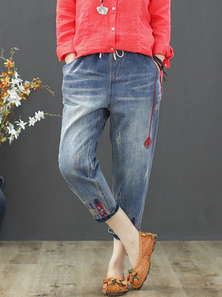 AmaxluluE Jeans larghi strappati da donna alla moda estiva Pantaloni in denim ricamati per il tempo libero da donna Pantaloni Harem elastici da donna vintage