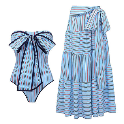 2025 Nuova donna sexy monospalla con volant a righe stampa costume intero e gonna monokini costume da bagno da spiaggia body femminile platinumshop
