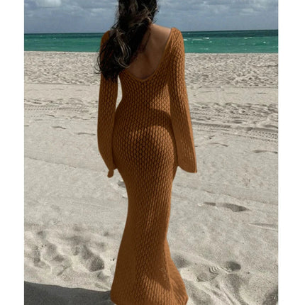 Nuovo stile lavorato a maglia scava fuori scollo a V abito a maniche lunghe da donna vacanza al mare bikini senza schienale copricostume protezione solare abito lungo platinumshop