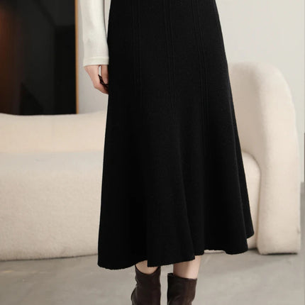 Grace Women's Skirt 100% Merino Wool Skirt Hip Hugging A-Line Wave Skirt Knitted Warm Autumn Winter Dress Slim Office Lady Skirt PlatiNum