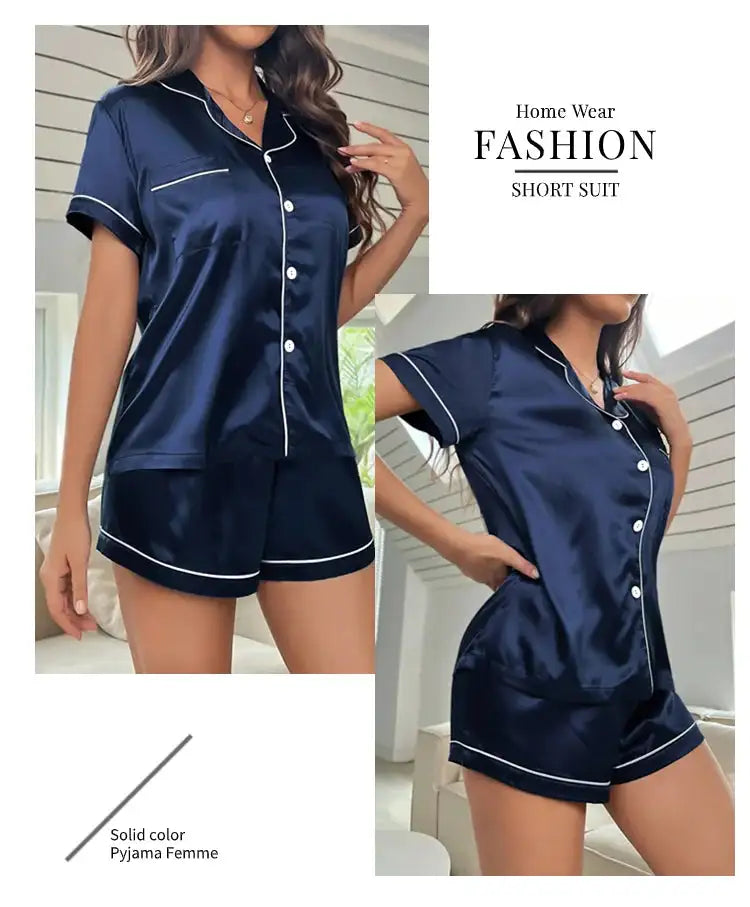 Pigiama da donna in raso di seta estivo Set Top e pantaloncini abbottonati 2 pezzi indumenti da notte colletto dentellato indumenti da notte Loungewear per le donne platinumshop