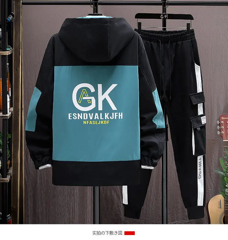 Autumn Casual Men Sets Two Pieces Fashion Korean Trend Hooded Jacket + Pants Spring Baseball Uniform Suit Man Outfit
