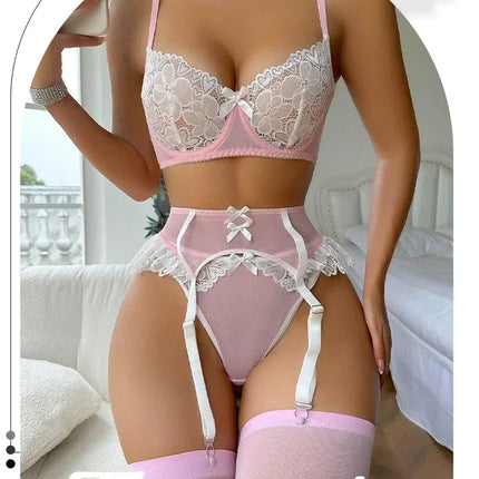 Pink See Through Lace Bra Panties with Garter Set Women's Sexy Lingerie Set Underwear Erotic Porn Costume Babydoll
