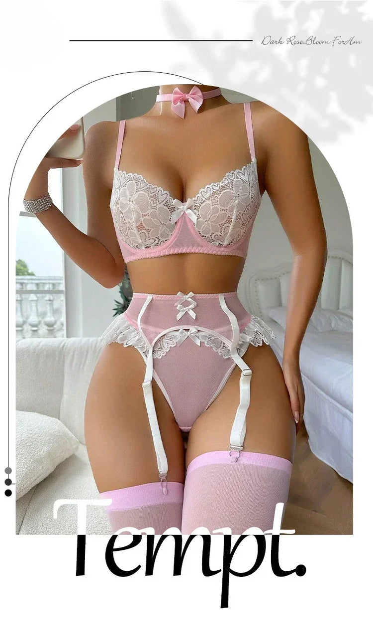 Pink See Through Lace Bra Panties with Garter Set Women's Sexy Lingerie Set Underwear Erotic Porn Costume Babydoll