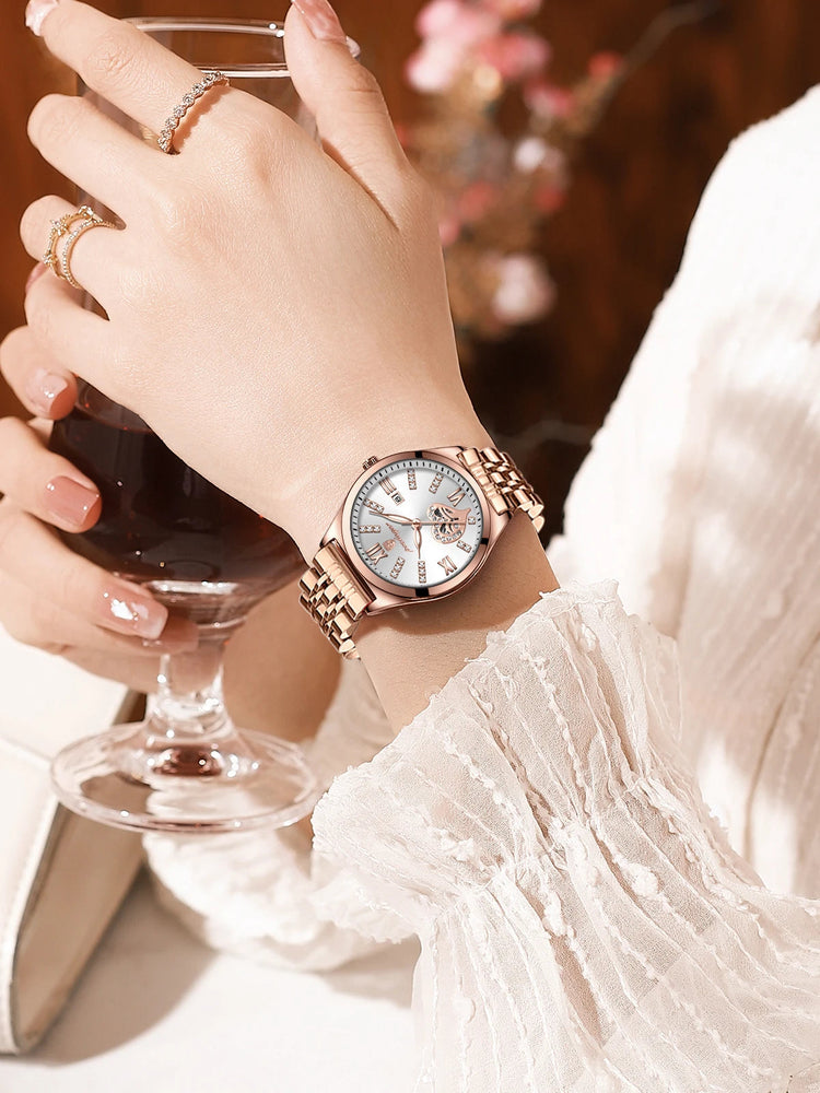 POEDAGAR Orologi di lusso da donna Orologio da donna impermeabile con data luminosa in acciaio inossidabile Orologio da polso da donna al quarzo alla moda elegante platinumshop