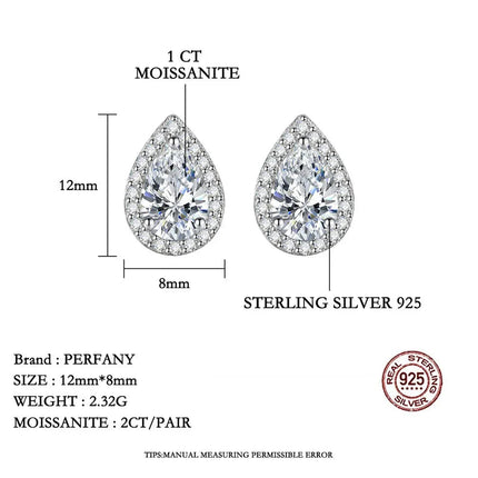 PERFANY 1CT Moissanite Earrings for Women S925 Pure Silver Water Droplet Cutting Laboratory Diamond Earrings Luxury Jewelry PlatiNum