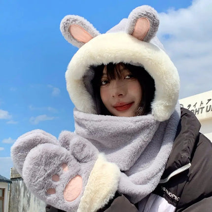 New Fashion Scarf Hat Glove Women Cute Big Ear Bunny Beanie Winter Warm Soft Thickening Pocket Warm Ear Hats Hooded Skullie Caps