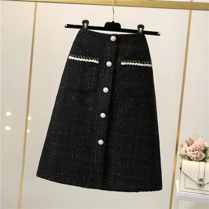 Women's Mid-Length/Short White Black Tweed High-Waist Woolen A-Line Autumn Winter Fragrant Silk Skirt PlatiNum