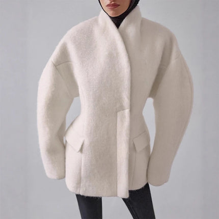 Casual Solid Woolen Loose Coats Women Belt Stand Collar Full Sleeve Zippers Lace Up Coat Female 2026 Autumn Lady Outwears