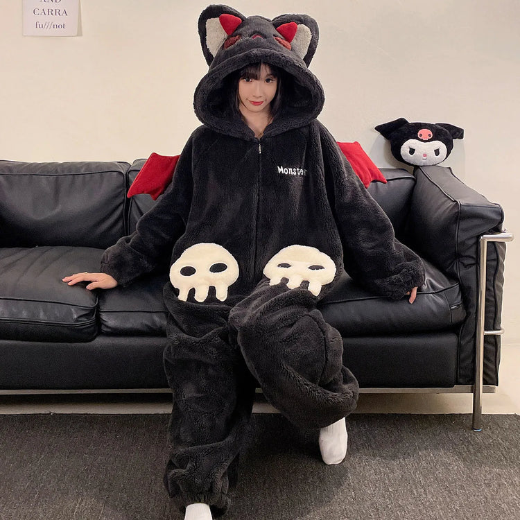 Cartoon Devil Pajamas Couples Women Men Onesie Sleepwear Winter Thicken Hooded Loungewear Coral Fleece Homewear Pijama Disfraz
