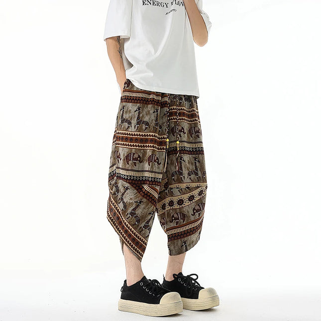 Pantaloncini estivi con stampa da spiaggia, pantaloni casual leggeri e traspiranti, pantaloni larghi alla moda da uomo, pantaloni comodi a lunghezza polpaccio per uomo