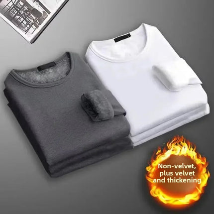 Men's Long Sleeve Thermal Underwear Fleece Lined Thick T-Shirt round Neck Slim Fit Base Shirt Pure Color Inner Wear Autumn Top PlatiNum