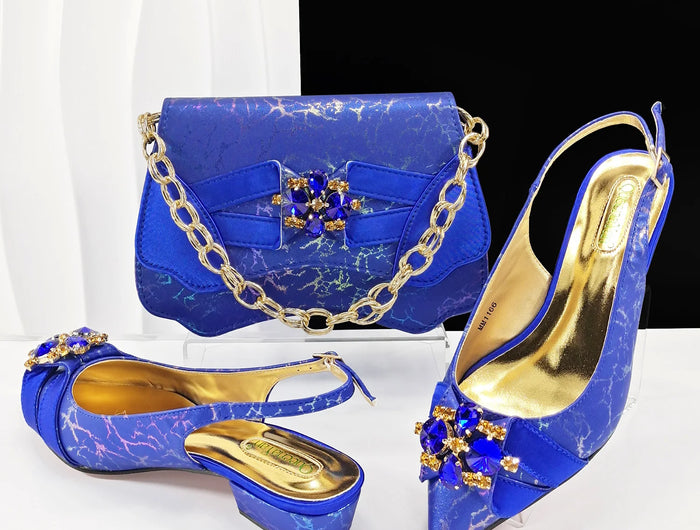 Queena Yan Elegante set di borse con strass a punta blu e tacco basso per calzature e accessori per feste di matrimonio di lusso da donna