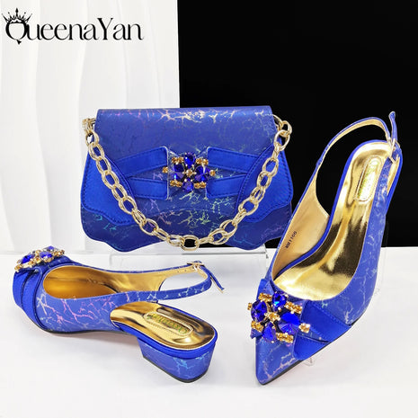 Queena Yan Elegante set di borse con strass a punta blu e tacco basso per calzature e accessori per feste di matrimonio di lusso da donna