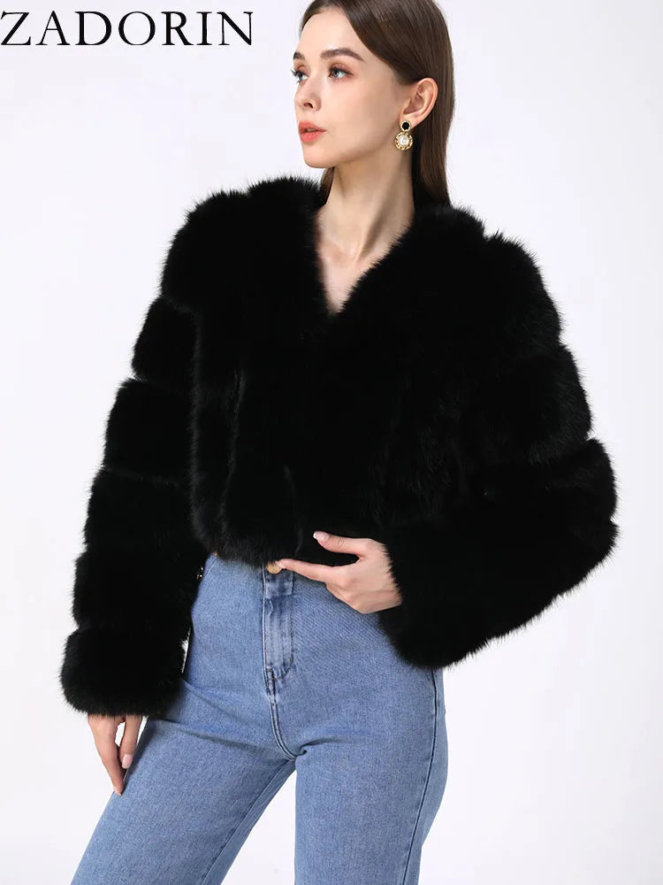 ZADORIN Luxury Cropped White Faux Fox Fur Coat Woman Clothing V Neck Long Sleeve Winter Fluffy Faux Fur Jacket Fur Coats Woman