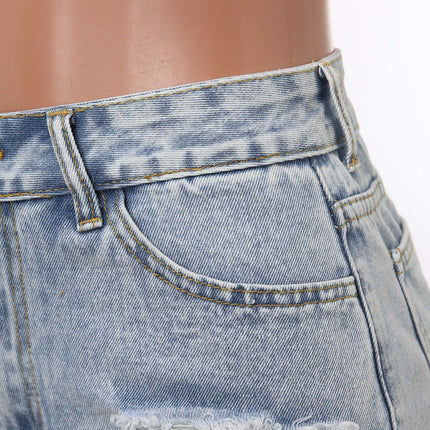 Pantaloncini jeans da donna Pantaloni jeans strappati moda estiva casual con fori colore lavato Pantaloncini di jeans moda a vita alta 2024