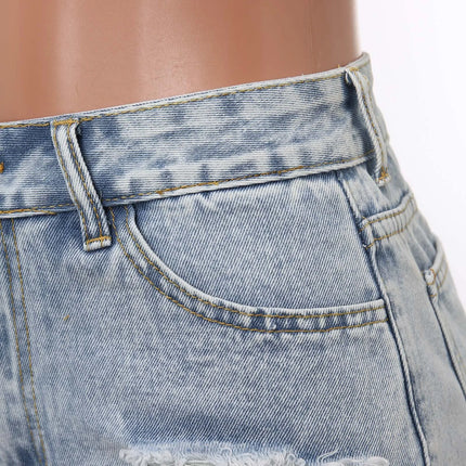 Pantaloncini jeans da donna Pantaloni jeans strappati moda estiva casual con fori colore lavato Pantaloncini di jeans moda a vita alta 2024 - platinumshop