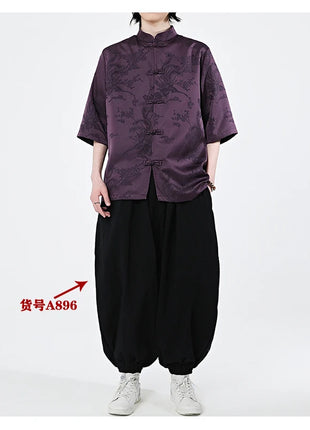 Camicie cinesi Camicia retrò in seta di ghiaccio con motivo floreale scuro Tradizionale Kung Fu Tai Chi Casual Loose Fit Top da uomo traspirante estivo