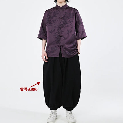 Camicie cinesi Camicia retrò in seta di ghiaccio con motivo floreale scuro Tradizionale Kung Fu Tai Chi Casual Loose Fit Top da uomo traspirante estivo