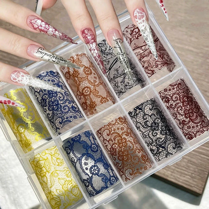 10 Rolls 4x50CM Black White Lace Transfer Nail Sticker Sexy Flower Lace Nail Art Transfer Foils Paper for DIY Manicure Decals*@# 2028