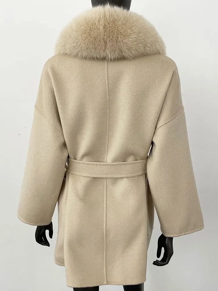 CXFS 2025 Winter Fashion Women Double-sided Wool Cashmere Coat with Detachable Natural Fox Fur Collar New design suit collar