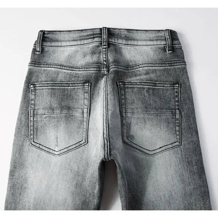Street Designer Fashion Men Jeans Retro Gray Stretch Skinny Fit Patched Ripped Jeans Men Brand Hip Hop Y2K Denim Pants Hombre PlatiNum