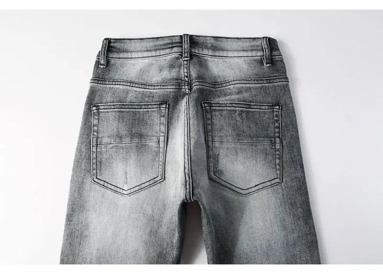Street Designer Fashion Men Jeans Retro Gray Stretch Skinny Fit Patched Ripped Jeans Men Brand Hip Hop Y2K Denim Pants Hombre PlatiNum