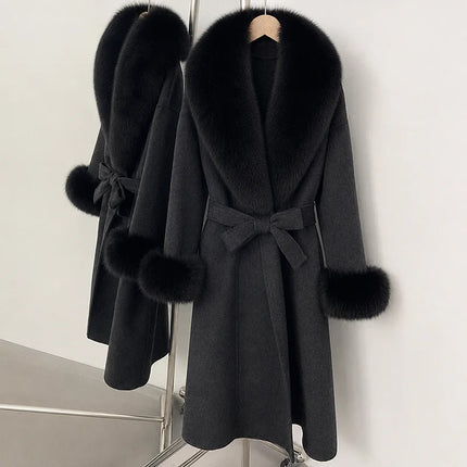 TARUXY Women Luxurious Faux Fox Fur Collar Long Jacket Elegant Solid Long-Sleeved Loose Lace Up Street Warm Coat 2026 Winter New