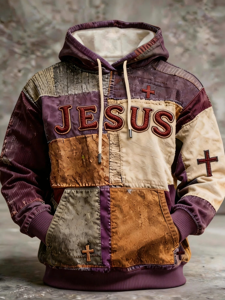 Mens Multi Color Patchwork Hoodie Soft Lined Raised Embroidery Slogan Small Cross Accent Minimal Casual Sweat Top