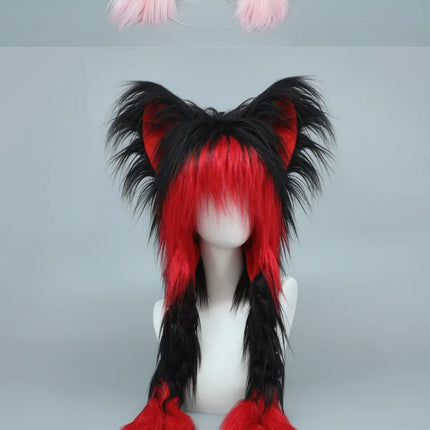Long Plush Cat Ear Hat Fox Ear Double Braid Caps Cute Lolita Anime Fall Winter Cap Y2K Anime Cosplay Accessories