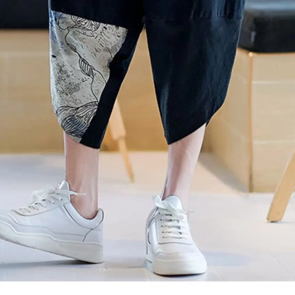 Pantaloni Kimono giapponesi da uomo in cotone traspirante Samurai Abbigliamento Pantaloni da uomo Stampa allentata Pantaloncini Harem retrò Pantaloni Hip Hop Harajuku