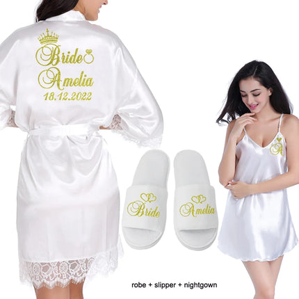 Data personalizzata Nome Kimono in pizzo Abito da donna Matrimonio Sposa Abiti da damigella d'onore Addio al nubilato Preparewear