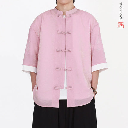 Camicia da Uomo di Lusso con Sfumature Colorate, Jacquard a Maniche Corte, Stile Cinese Tradizionale, Fresca per l'Estate, in Seta Ghiaccio