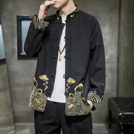 Camicie da uomo ricamate 2026 primavera stile cinese retrò colletto alla coreana giacca in cotone e lino cardigan da uomo Kungfu allentato casual Top