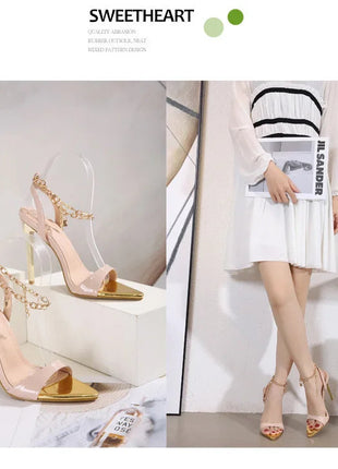 New Summer Sandals Women Fashion Gold Chain Ankle Strap Sexy Peep Toe Ladies Metal High Heels Sandals Woman Party Shoes Pumps PlatiNum