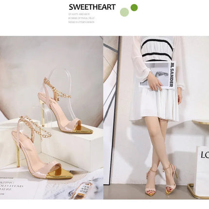New Summer Sandals Women Fashion Gold Chain Ankle Strap Sexy Peep Toe Ladies Metal High Heels Sandals Woman Party Shoes Pumps PlatiNum