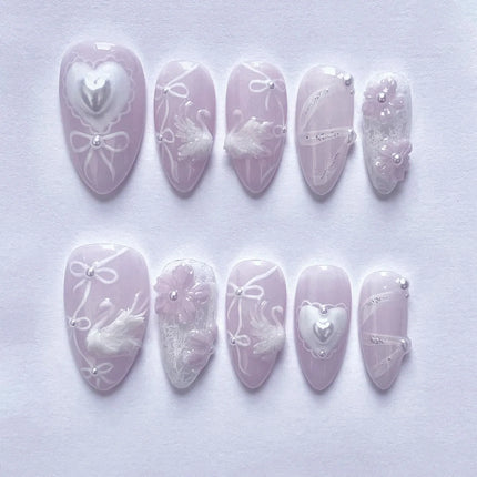 24pcs Sweet False Nail Patches Detachable Fake Nail Tips With Bowknots Love Heart Pearl Design Pink Almond Korean Press On Nail