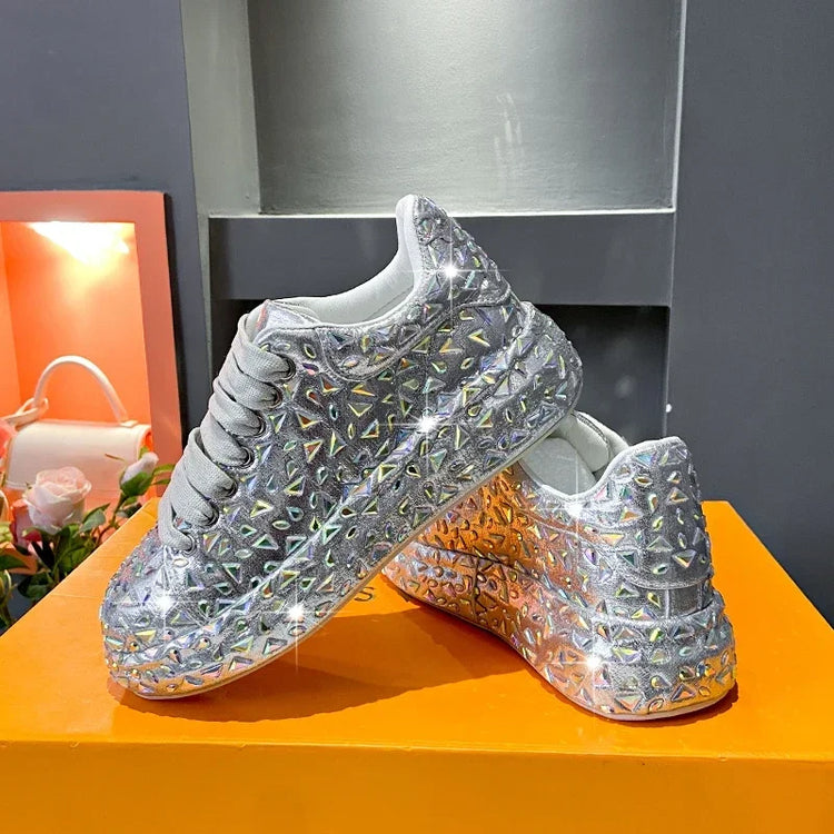 2025 Autumn Leather Women Shoes New Style Fashion Platform Shoes Ins Platforms Sneakers Tide Shine Bling Rhinestone Shoes