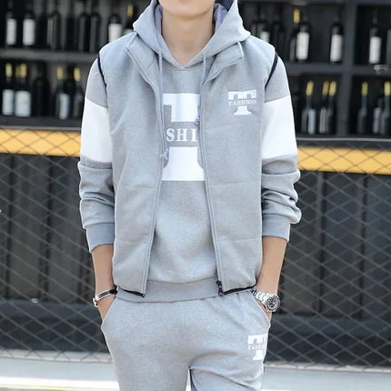 3 Pieces Set Hoodies+Vest+Pants Casual Men's Track Suit Clothing Coats Winter Thick Warm Tracksuit for Men Printed Mens Set Vest