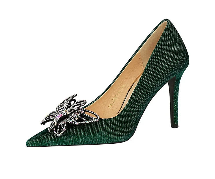 BIGTREE Scarpe Designer Nuove donne Décolleté Strass Farfalla Nodo Punta a punta Flock 10CM Tacchi sottili Scarpe da donna mature super alte